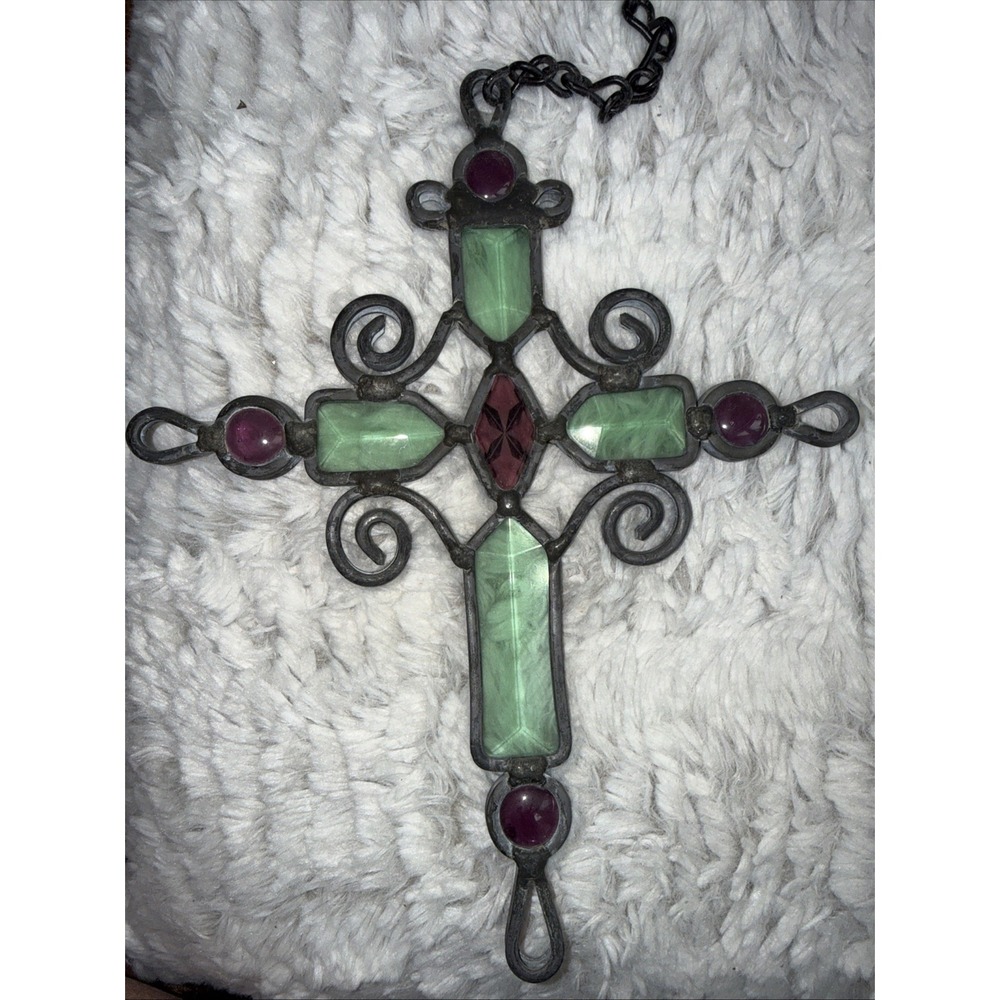 BEAUTIFUL Stained Glass‎ Purple And Green Cross Sun-catcher 8.5" X 7" Gorgeous